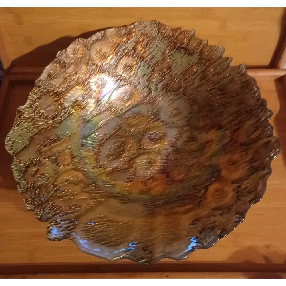 Arda Decorative Gold Iridescent‎ Art Glass Bowl Peacock Pattern 15" W